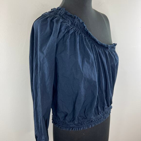 Free People Navy Blue Long Sleeve Women's Cotton One Shoulder Blouse Top Size L - Picture 5 of 8